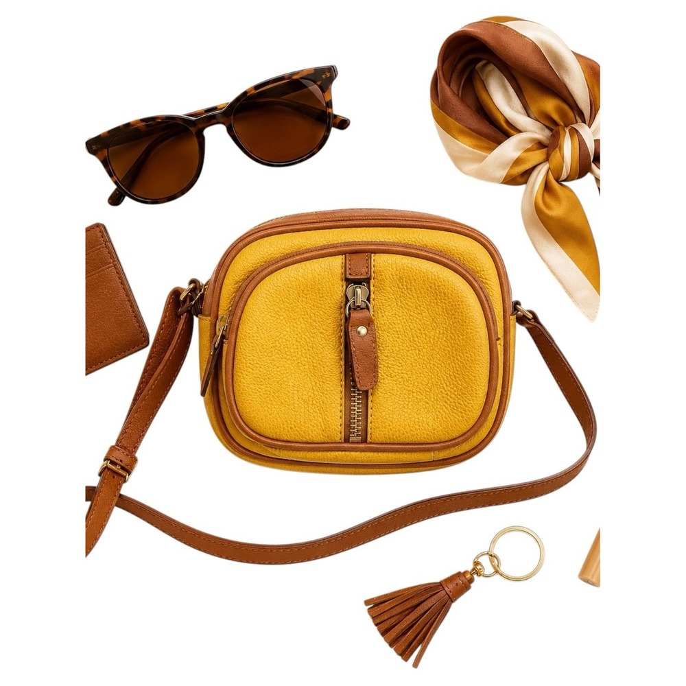 Valentina Italy Pebbled Leather Camera Crossbody Bag Yellow Brown Made in Italy